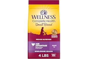 Wellness Complete Health Senior Dry Dog Food, Small Breed, Wholesome Grains, Natural, Age Advantage Turkey & Peas Recipe, (4-Pound Bag)