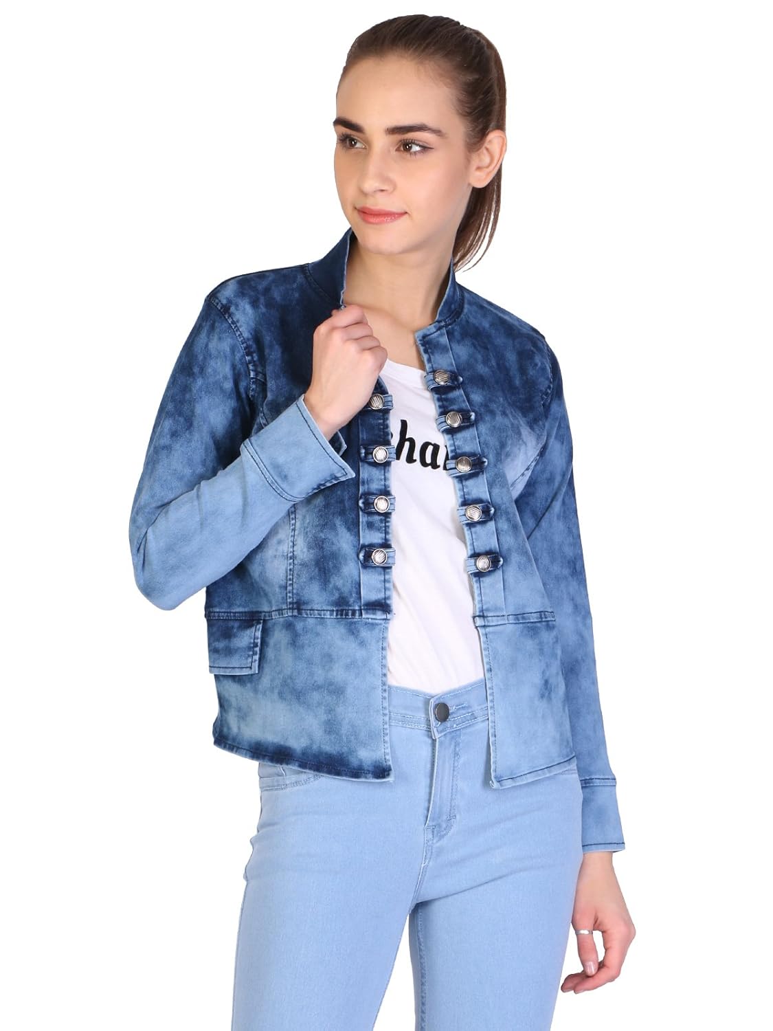 broadstar blue printed full sleeves denim jacket for women