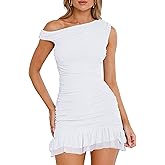 GOKATOSAU Women's One Off Shoulder Sleeveless Bodycon Ruched Mesh Ruffle Hem Mini Dress