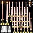 24 Pack Flameless Taper Candles with Remote Control and Timer Flickering LED Taper Candles Realistic 3D Flame LED Window with Base Holiday Wedding Home Decor(Pink)