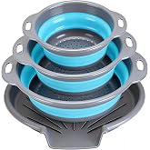 Cluren Collapsible Colander Set with Oversized Draining Tray | 3-Pack Foldable Kitchen Strainers + Base | Space Saving for Pasta, Veggies, Fruit &amp; Rice | 5 Colors (Gray-Blue)
