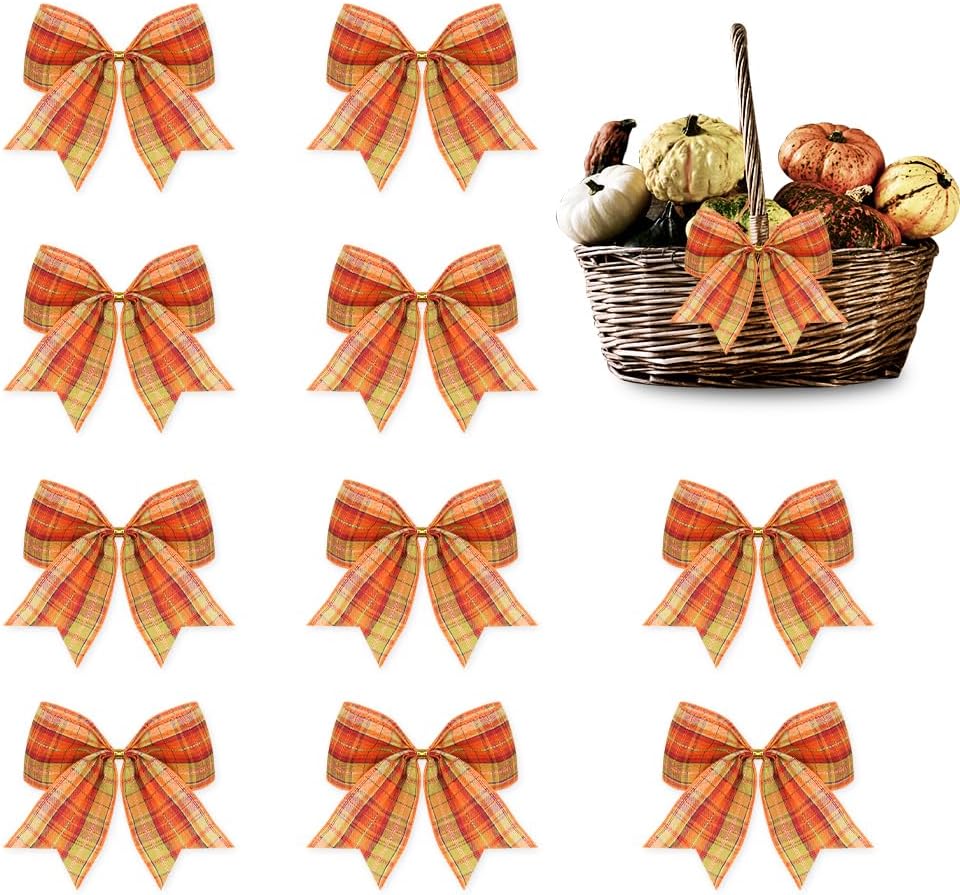 Bows & Ribbons - Hying 10PCS Fall Bows for Wreath, Linen Plaid Orange Harvest Wreath Bows for Thanksgiving Décor, Thanksgiving Bows for Front Door Indoor Outdoor Wall Tree Topper Autumn Decoration Supplies Ornament