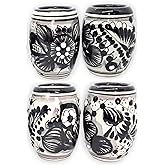 MEXTEQUIL - Barrel-Shaped Talavera Shot Glasses: Set of 4 Hand-Painted Floral Ceramic Caballitos, 2 oz, Authentic Mexican Pottery for Tequila & Mezcal (Black Barrel)