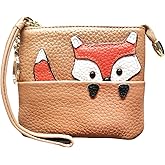 POPUCT Fox Pattern Leather Coin Purse Keychain Change Pouch Wallet with Zippered(brown)