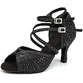 YCALCP Women's Rhinestone Ballroom Dance Shoes Open Toe Latin Salsa Bachata Performance Dancing Shoes