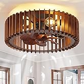 mnikopE 20'' Flush Mount Caged Ceiling Fan with Light, Wooden Low Profile Ceiling Fan with Light and Remote, 6 Speed and Reve