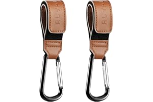 Leather Stroller Hooks for Diaper Bag and Stroller Organizer - RUVALINO® Stroller Strap with Large Carabiner Clip for Shopping Bags - Accessories for Wheelchair, Shopping and Pet Carts, Brown, 2 Pack