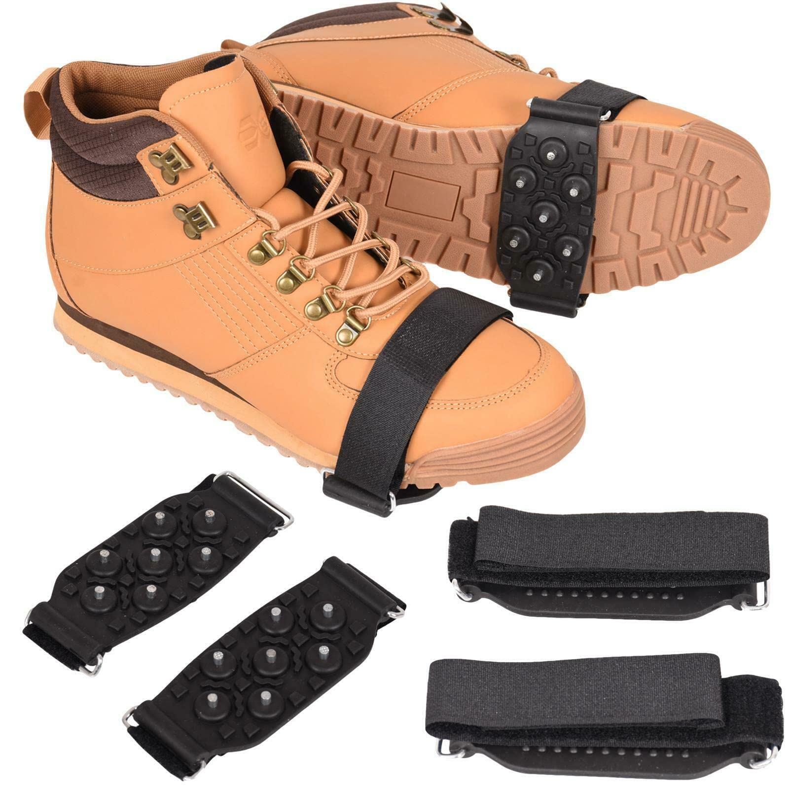 HOCHSTE Snow Ice Grips Winter Boot Grippers Strap Metal Spikes Cleat 7 Studs Anti Slip Touch & Close on Shoe Snow Ice Climbing One Shoe Size for Walking Jogging Hiking Climbing Black (4 Pack)