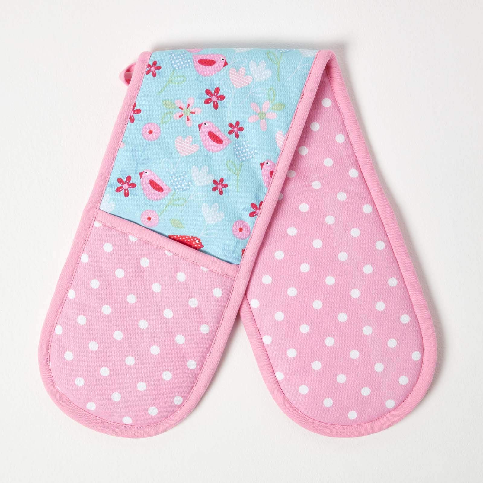 HOMESCAPES - Pure Cotton Double Oven Glove - Birds and Flowers - Pink Blue - 18 x 84 cm - Fully Coordinated Washable Kitchen Linen