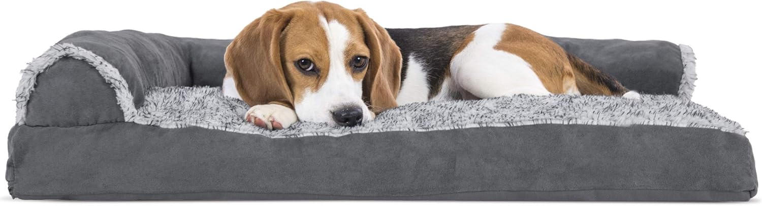 Furhaven Pet Dog Bed - Two-Tone Plush and Suede L Shaped Chaise Lounge Pillow Cushion Sofa-Style Living Room Corner Couch Pet Bed with Removable Cover for Dogs and Cats, Espresso, Jumbo : Pet Supplies