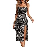 Verdusa Women's Boho Floral Thigh Slit Midi Dress Summer Vacation Spaghetti Strap Dresses
