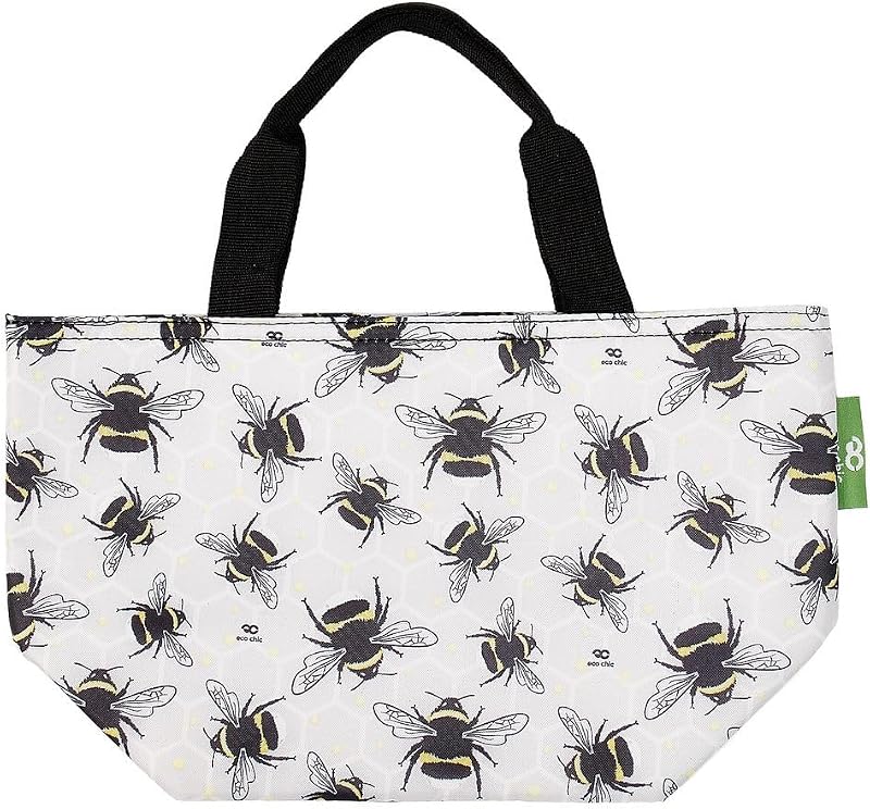 ECO CHIC Lightweight Foldable Insulated Lunch Bag Bumble Bees Grey