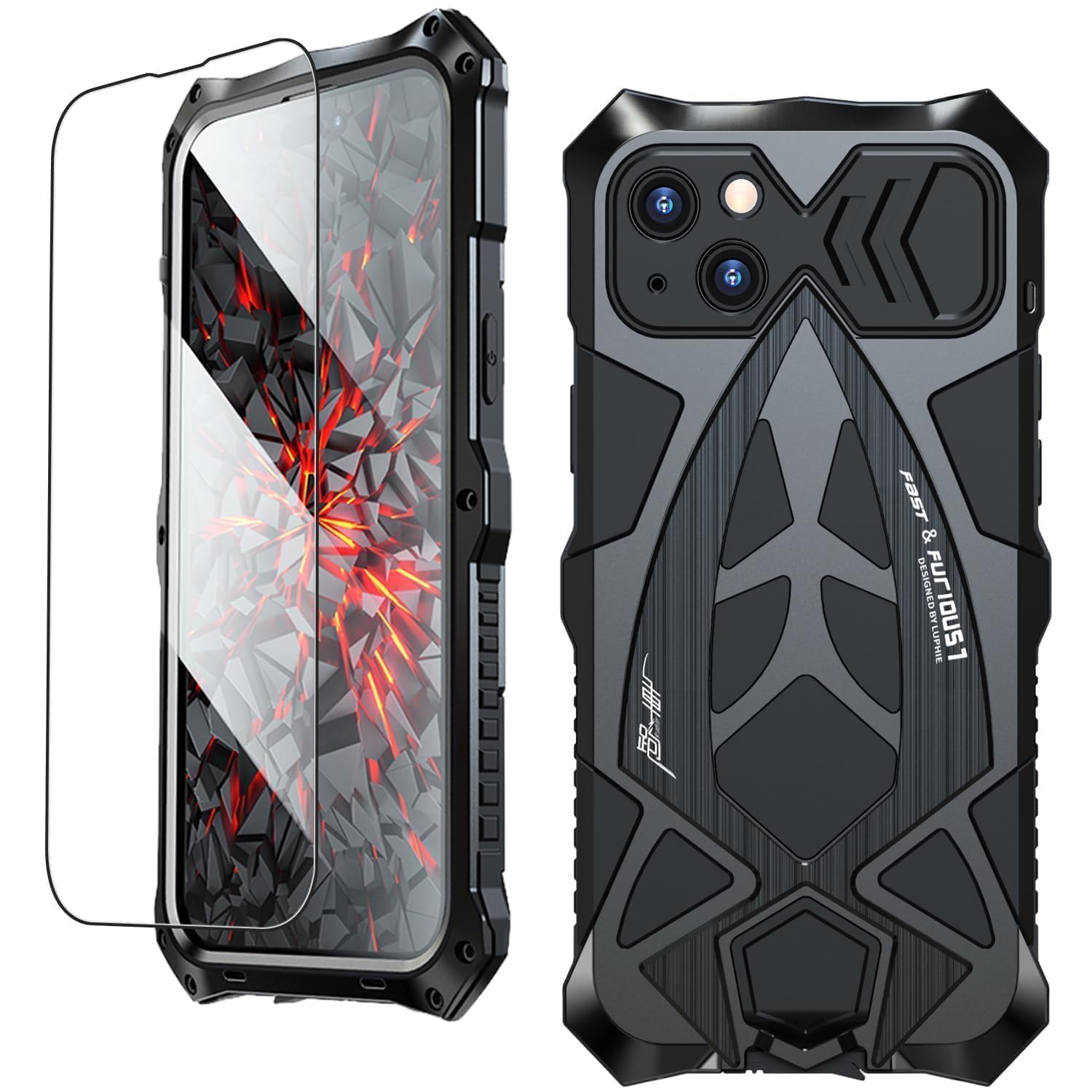KumWum Armor Phone Case for iPhone 15 Military Grade Drop Tested 360 Full Protection Cover Heavy Duty Hybrid Metal Bumper Built-in Silicone Shockproof Dustproof with Screen Protector - Black