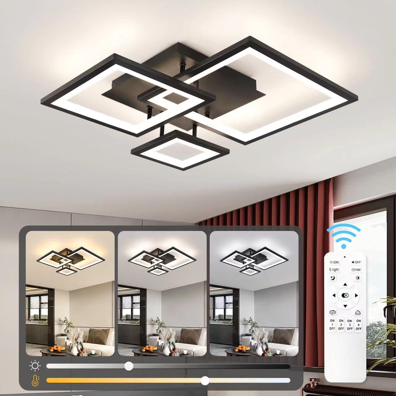 Photo 1 of HLILCEH Modern Black Led Ceiling Light 3-Square Design 3000K-6500K Dimmable LED Ceiling Light with Remote 33W Acrylic Ceiling Lighting Fixture for Bedroom Kitchen Dining Room Office Lamps