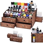 OPHIR Paint Organizer, Wooden Acrylic Paint Storage with 48 Holes of 2 Sizes, 4 Drawers, 2 Marker Organizer with 36 Holes for