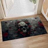 Plistiz Skull and Roses Gothic Indoor Door Mat, 17x29.5 Inch, Floor Area Rug for Entryway, Living Room, or Bathroom, Non-Slip Doormat, Dark Skull and Crimson Rose Home Decor Rug Gifts