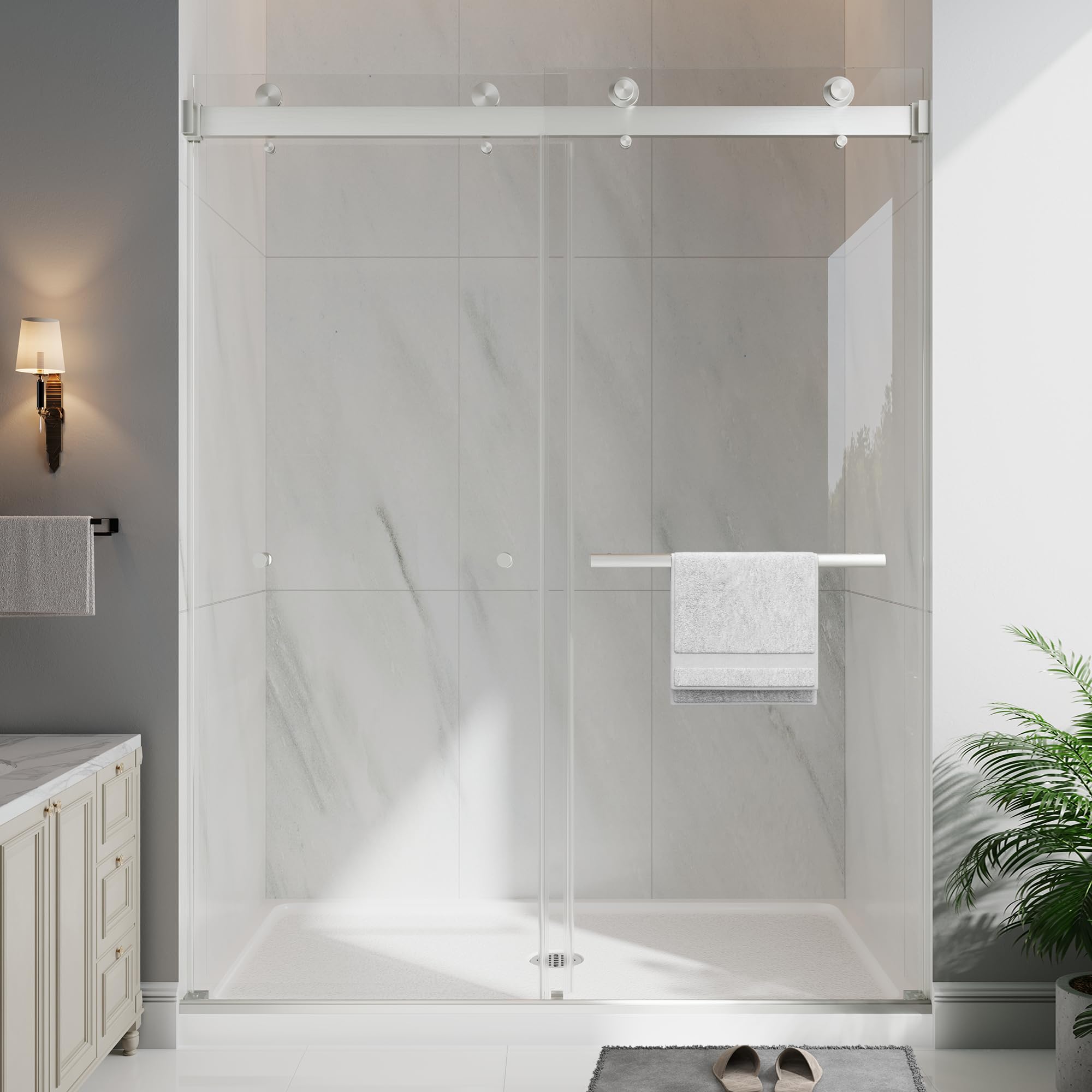 Photo 1 of EASYWORC Frameless Double Sliding Shower Doors, 43-48" W x 76" H Shower Glass Door, 1/4" (6mm) Thick ANSI Certified Tempered Glass with Explosion-Proof Film and Nano Coating, Brushed Nickle
