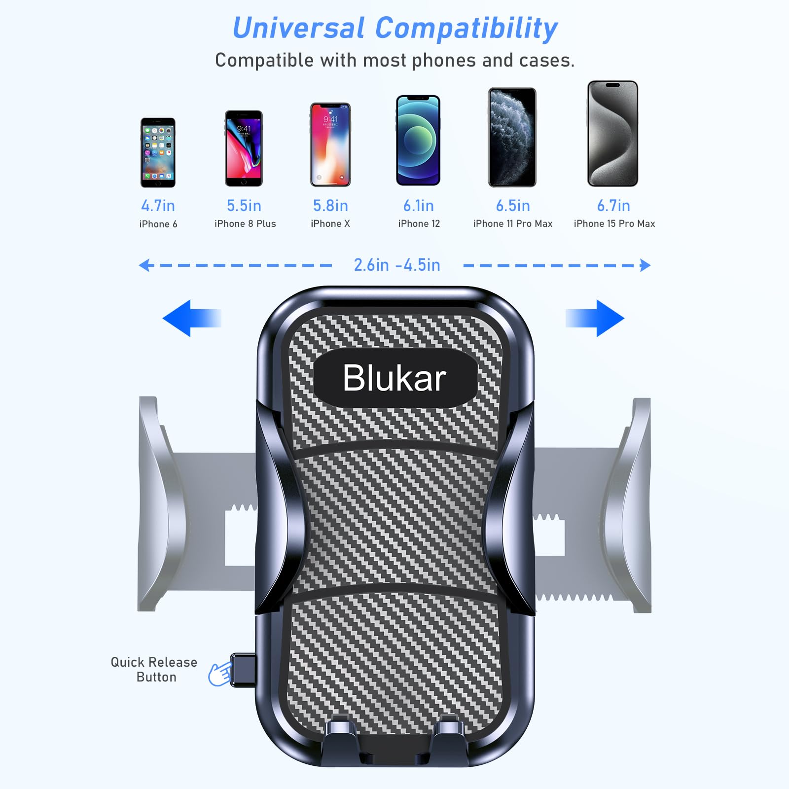 Blukar Car Phone Holder, Adjustable Car Phone Mount Cradle 360° Rotation - 4 in 1 Super Stable for Dashboard/Windscreen/Air Vent, One Button Release for All 4.7 to 6.7 inch Smartphones