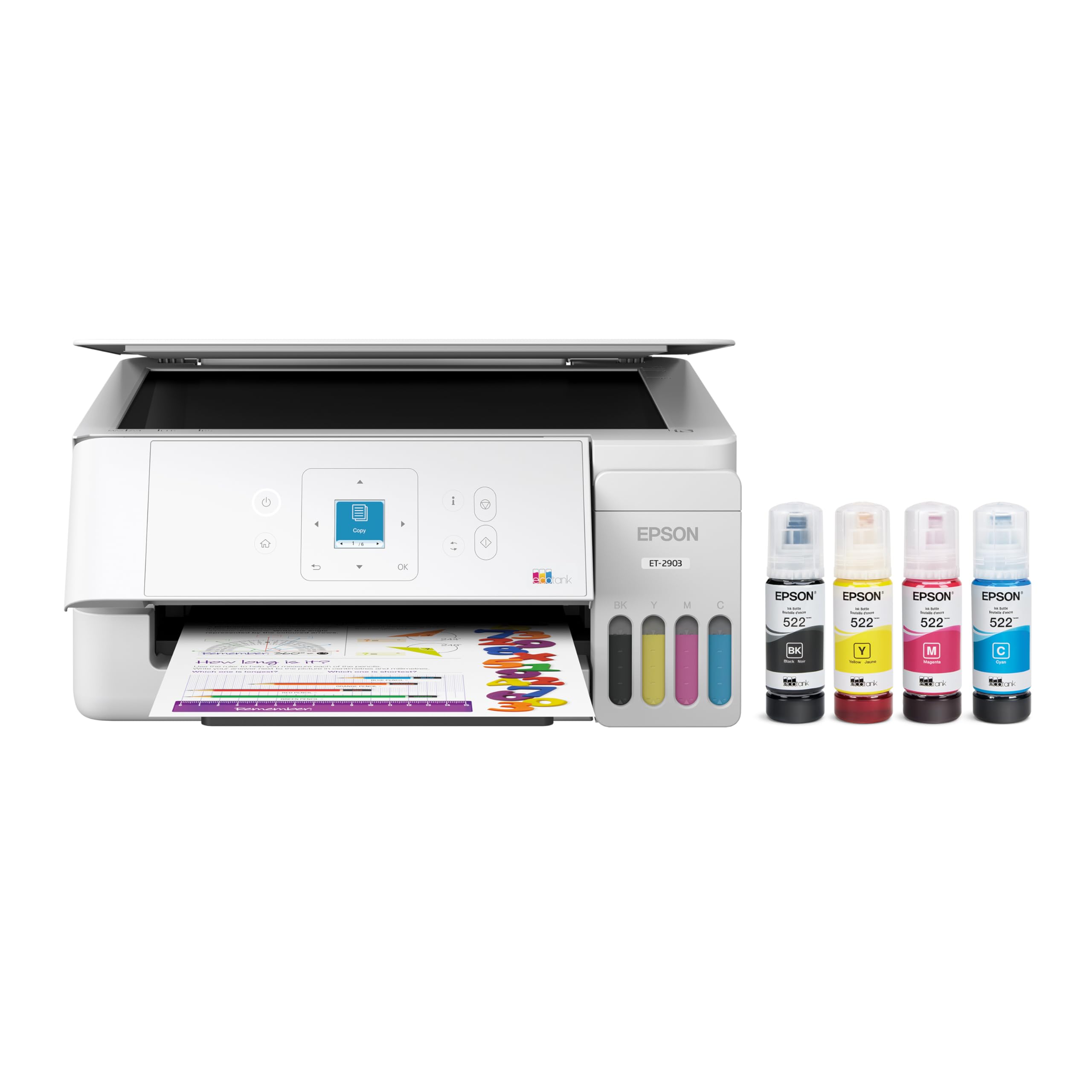 Epson EcoTank ET-2903 Wireless All-in-One Color Supertank Printer with up to 3 Years of Ink, Refillable Tanks, Perfect for Home, 11 PPM, 1.44" Color Screen, Built-in Scanner – White