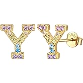 14K Gold Plated Initial Earrings Studs with 5A Cubic Zirconia, Sterling Silver Post Push Backs CZ Simulated Diamond Hypoallergenic Alphabet Letter Studs for Women Jewelry Gifts Initial A-Z