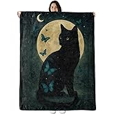 Black Cat Moon Blanket Gifts for Boys Girls Kids, Mystical Butterfly Warm Soft Flannel Throw Blankets for Travel, Sofa, Living Room, Bedroom Decor, 50x60 in