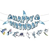 Shark Happy Birthday Banner, Ocean Themed Party Decorations Cute Funny Shark Party Supplies Hanging Letters Garlands for Under The Sea Theme Parties Wall Decor