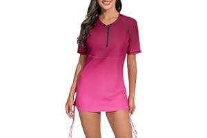 Halcurt Women's Short Sleeve Rash Guard Swim Shirt with Bra Half Zip Tie Drawstring UPF50+ Swimsuit Top