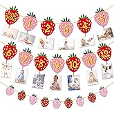 Strawberry First Birthday Party Decoration Berry 1st Monthly Photo Banner Milestone Photograph Bunting Garland for Baby Girl 12 Months Photo Display Baby Shower Birthday Party Decorations Supplies