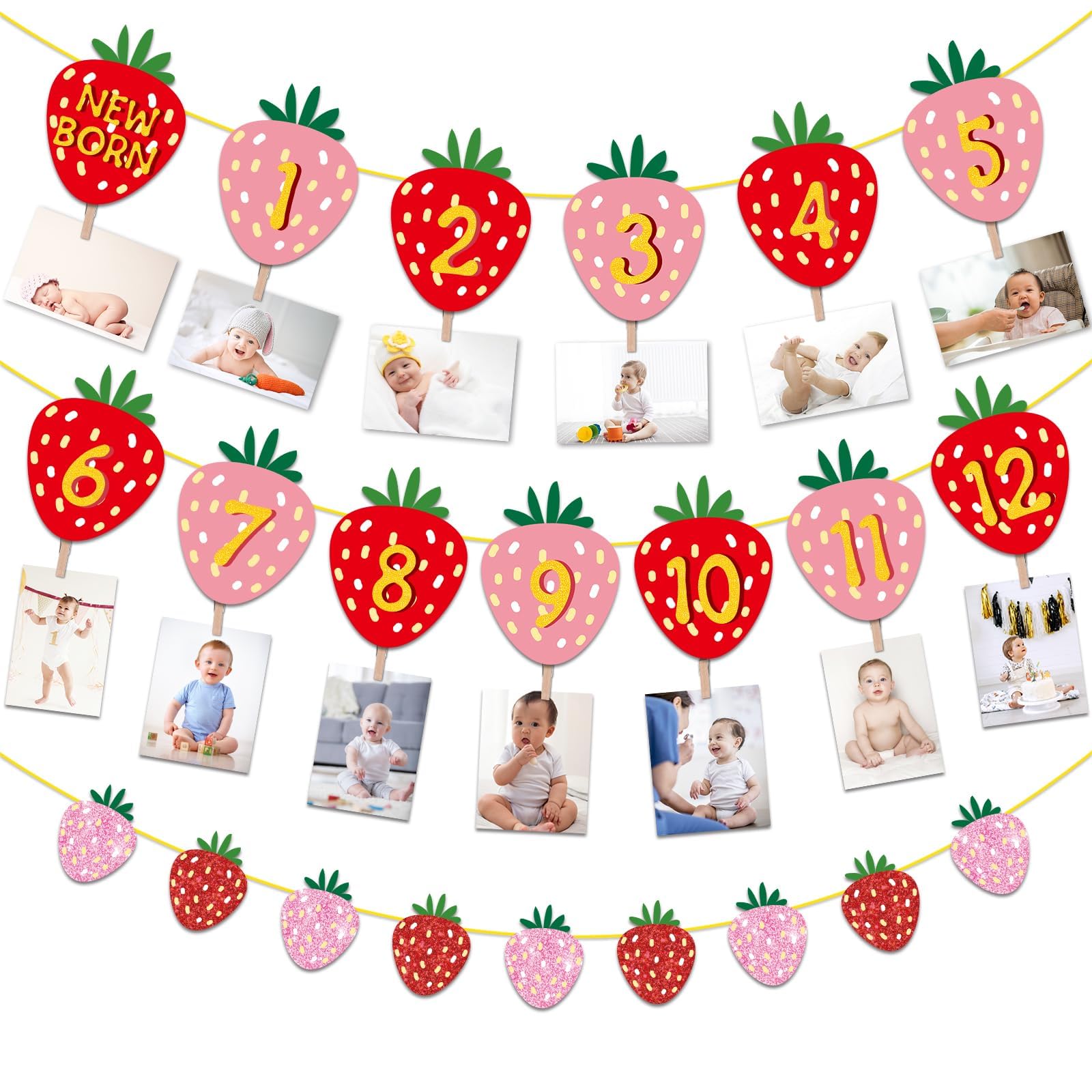 Photo 1 of Strawberry First Birthday Party Decoration Berry 1st Monthly Photo Banner Milestone Photograph Bunting Garland for Baby Girl 12 Months Photo Display Baby Shower Birthday Party Decorations Supplies