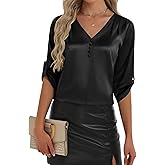 2026 Womens 3/4 Sleeve Shirts Dressy Casual Tops Pleated Satin Silk Business Blouses