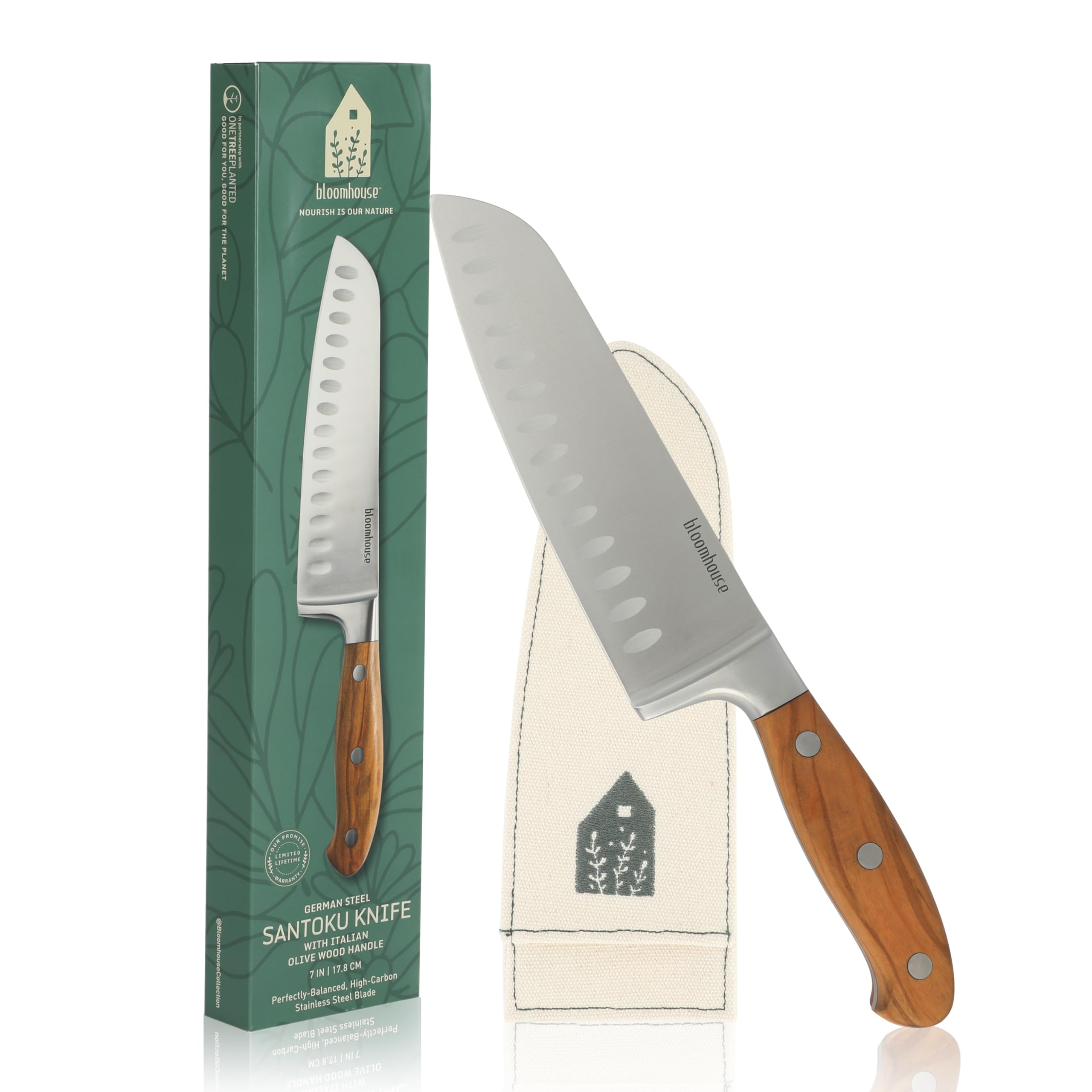 Bloomhouse - Two Time Oprah's Favorite Things Winner - 7-Inch Santoku Knife – German Stainless Steel Blade with Forged Italian Olive Wood Handle, Full Tang Kitchen Knife for Slicing Dicing & Mincing Image