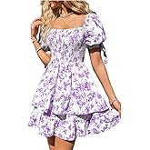 Narecte Women's Casual Dresses Floral Summer Dress for Women Flowy Mini Dress Cute Puff Sleeve Square Neck Dresses