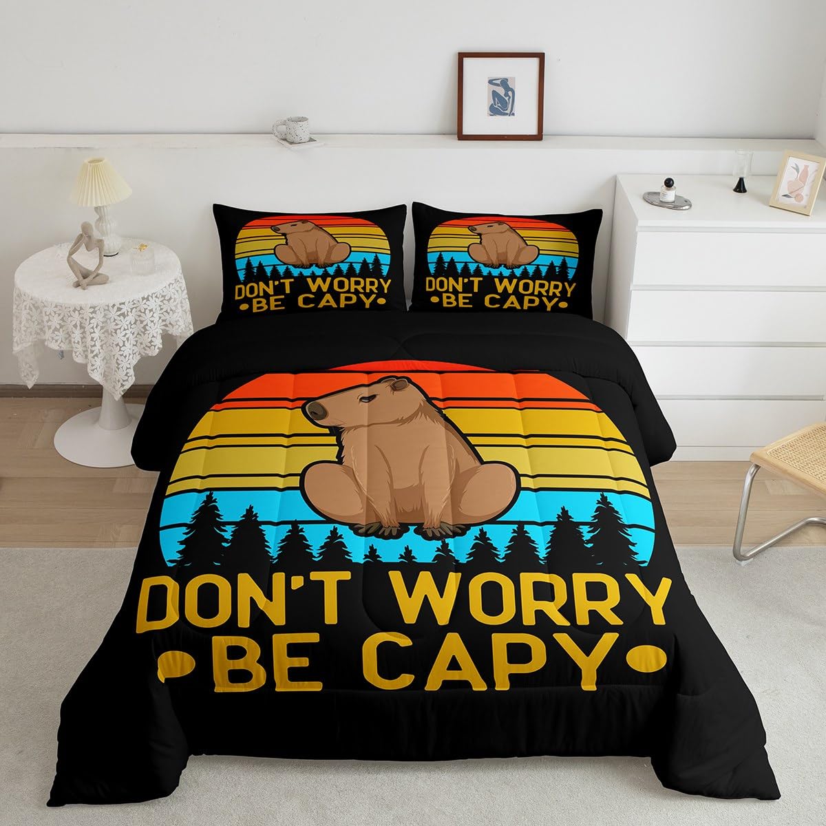 Capybaras Coverless Duvet for Capybara Lovers,Rainbow Funny Capybara Bedding for Kids Boys Bedroom,Woodland Natural Theme Duvet Set,Geoemtric Striped Black Quilt Duvet,Double, Microfiber Soft