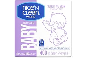 Nice 'n CLEAN Skin Care Baby Wipes Unscented 100ct (4-Pack) | Ideal for Sensitive Skin | Safe on Eczema Prone Skin | 100% Plastic-Free