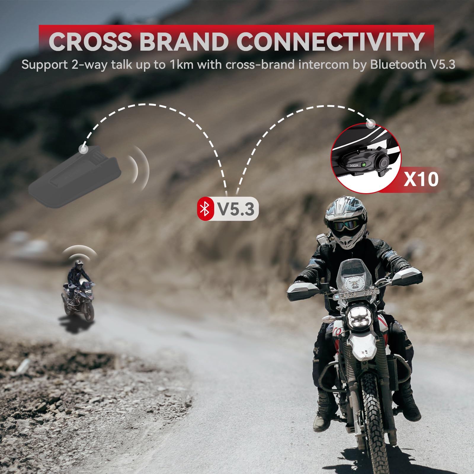 X10 10 Riders Group Mesh Motorcycle Intercom, 3000m Motorcycle Bluetooth Headset V5.3 with Audio Multitasking/Music Sharing, Helmet Communication Systems for ATV/Snowmobile/Ski, 2 Pack