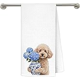 awdschkj Blue Hydrangea Poodle Kitchen Towels, Poodle Gifts for Women Dish Tea Towels, Chinoiserie Porcelain Floral Dog Decorative Hand Towel for Bathroom, 16x24 Inches