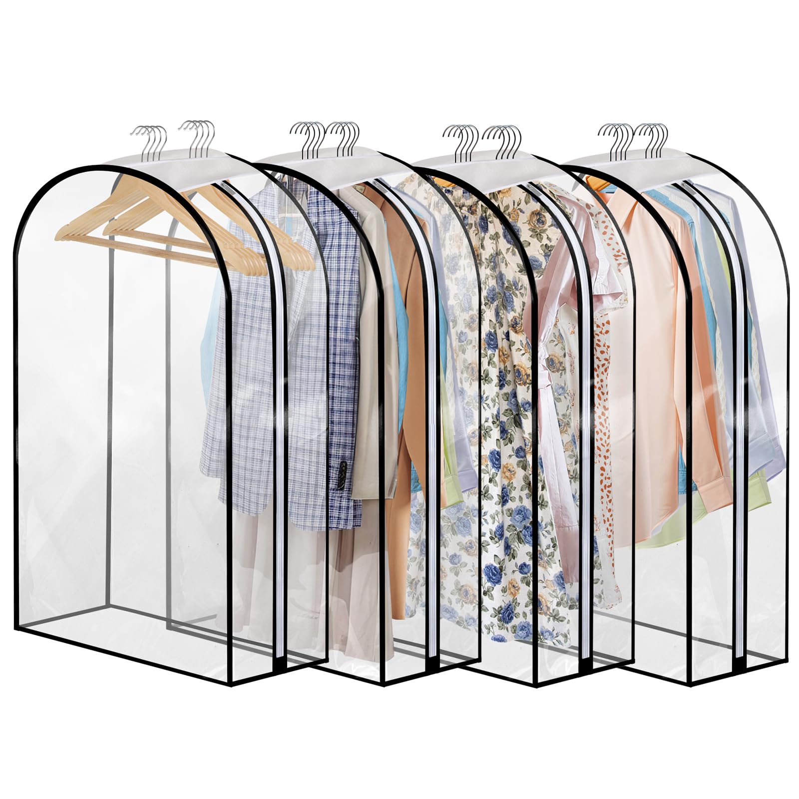 4 Pack Full Clear Garment Bags, 40" Clothes Covers with 10" Gusseted, Transparent Bags for Hanging Clothes, Suit Bags, Coat Covers for Closet with Side Zip for Coats, Jackets, Windbreaker, Dress