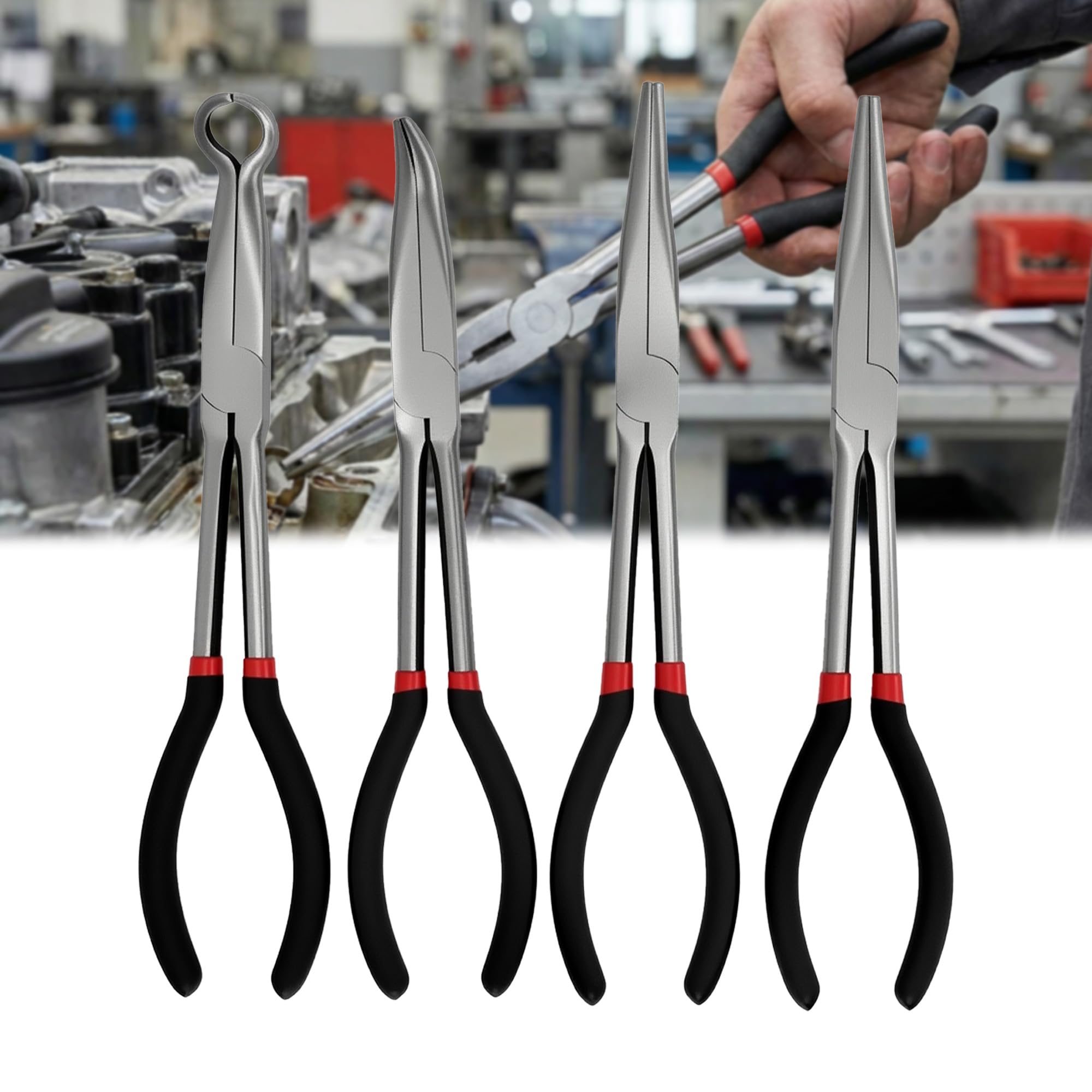 Long Nose Pliers Tool Set of 4: 11''/280mm Pliers, Straight, Round Nose, 45, 90 Degree Angle Bent Pliers for Wire Bending, Shaping, Jewellery Making, Trimming