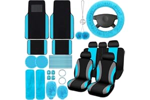 ROCEEI 47 Pcs Car Seat Cover Full Set Car Accessories for Front Rear Seat Fluffy Steering Wheel Cover Belt Automotive Floor Mats Air Conditioner Decoration Strip(Lake Blue)