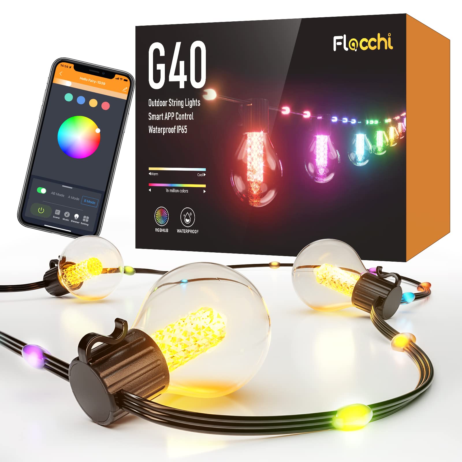 Photo 1 of Flacchi Smart String Lights Outdoor with Rope Fairy, 50Ft RGBw Bluetooth APP & Remote Control, Color Changing Dimmable G40 Patio Lights for Balcony, Backyard, Party, Bistro, Holidays