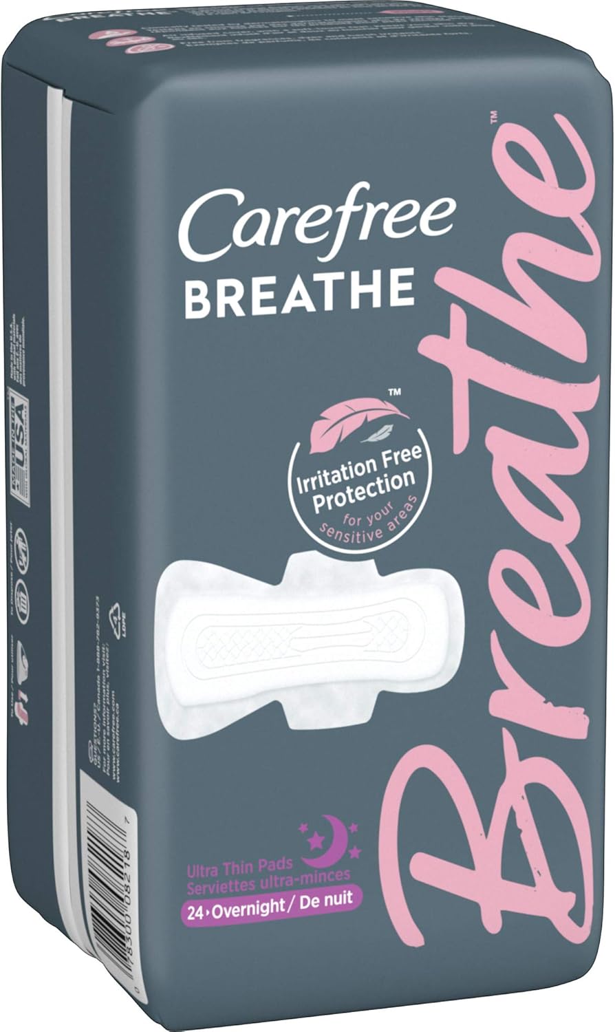 Carefree Breathe Ultra Thin Overnight Pads with Wings, Irritation-Free Protection, 24 Count: Health & Personal Care