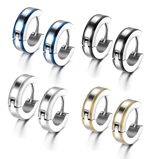 Cupimatch 4 Paare Edelstahl Herren Damen Creolen Ohrringe Set, Allergiefrei Ohrstecker Stecker Ohrschmuck, Silber Schwarz Gol