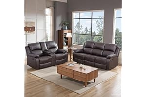 Caberryne 2 Pieces Leather Recliner Sofa Set，Recliner Sofa and Loveseat Sets for Living Room Furniture，Brown Reclining Couch with 4 Recliners for Living Room/Office/Theater Seating(Sofa Set 2 Pieces)