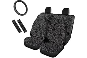 JOAIFO Black Leopard Print Auto Seat Covers Full Set,7 Pcs Set Cheetah Print Car Seat Covers with Steering Wheel Cover and Seatbelt Pads,Fashion Cheetah Print Car Interior Accessories for SUV Trucks