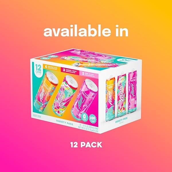 ALANI NU VARIETY PACK CHERRY TWIST, PINK SLUSH, ORANGE KISS SUGAR FREE, LOW CALORIE ENERGY DRINKS, 200MG CAFFEINE, BIOTIN B VITAMINS, ZERO SUGAR, 10 CALORIES, 12 FL OZ CANS, 12 PACK