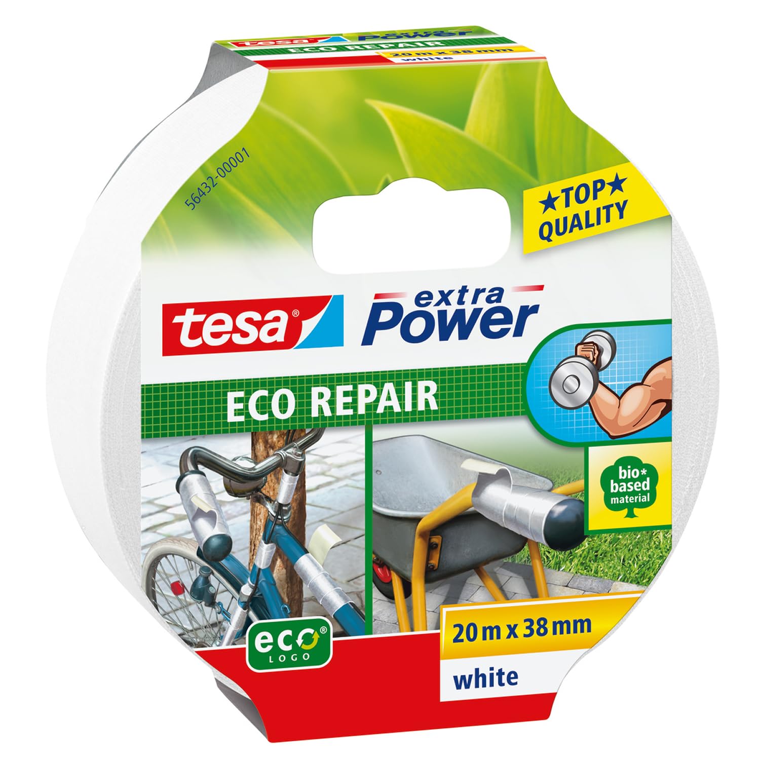 tesa extra Power Eco Repair Tape - High-Performance Duct Tape for Manual Work, Fixing, Labelling - Natural Fibres - 20 m x 38 mm - White