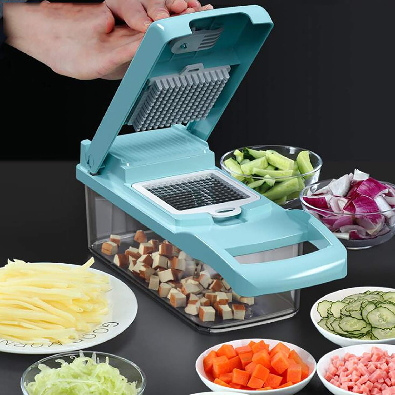Onion Chopper,Vegetable Chopper Food Chopper with Egg Separator/Container/6 Interchangeable Blades,Multifunction Veggies Fruits Mandoline Slicer for Cutting Salad Potato Carrots-Blue 32x11x11cm(13x4x4