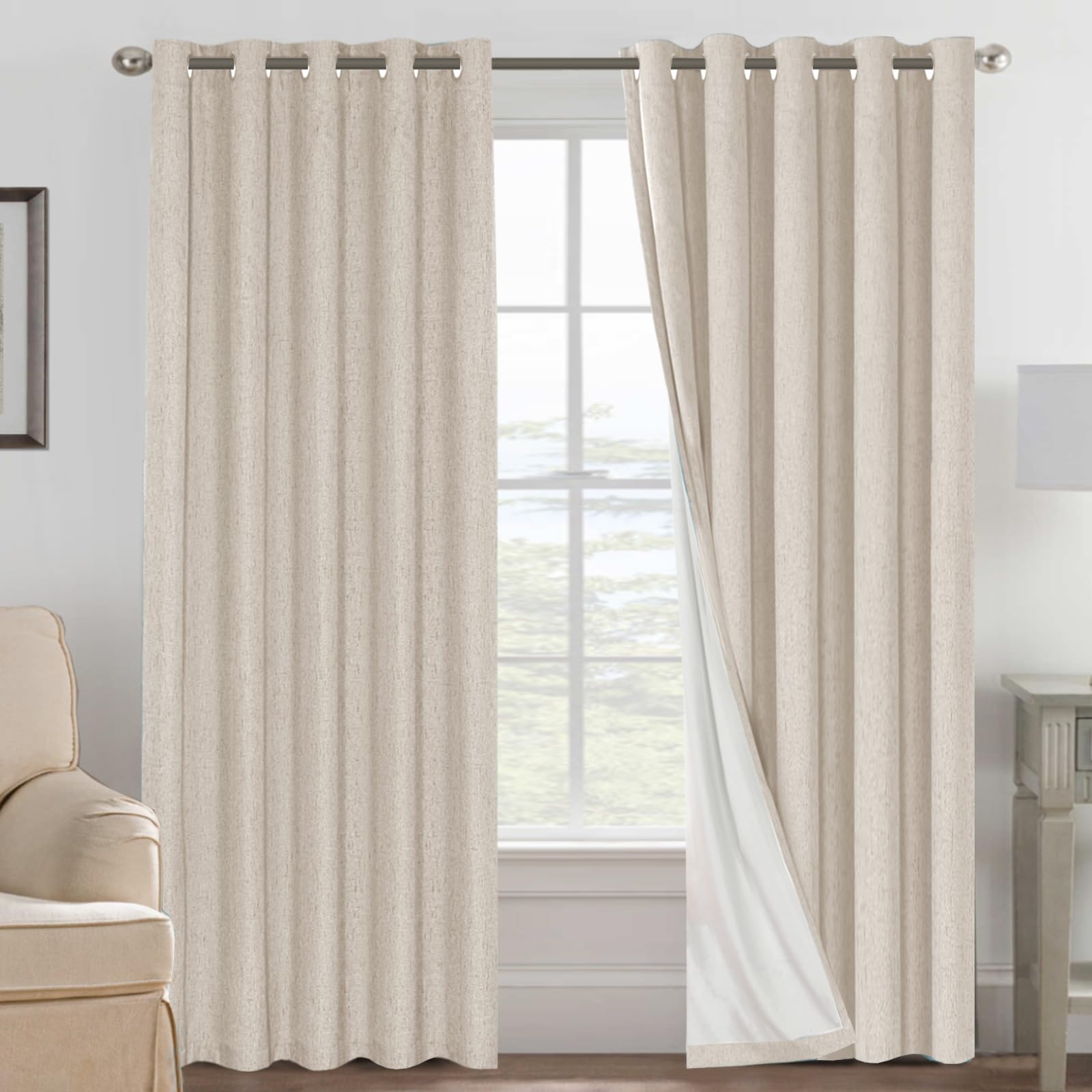 BellaHills 100% Blackout Curtains for Bedroom & Living Room, Eyelet Thermal Insulated Linen Textured Curtains, Heat & Full Light Blocking Drapes, 2 Panels Set, 66 x 90 Inch, Natural