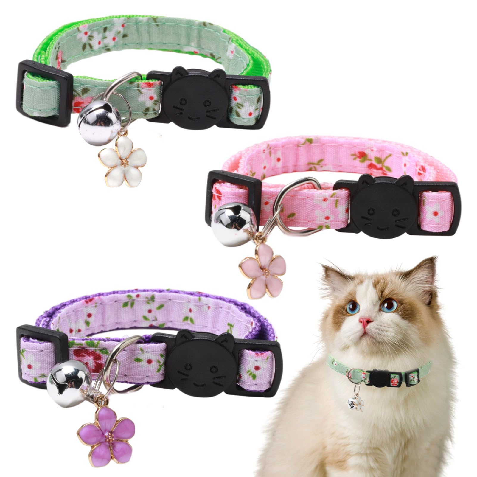 3 Pack Flower Kitten Collars with Bells Adjustable Quick Release Cat Collars Buckle Soft Cotton Neckband for Small Kittens and Puppies Pink/Purple/Green, 19-32cm