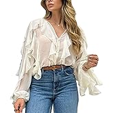 LETSVDO Women's Ruffle Chiffon Tops Puff Sleeve Sheer See Through Button Down V Neck Bubble Loose Casual Blouses Shirts